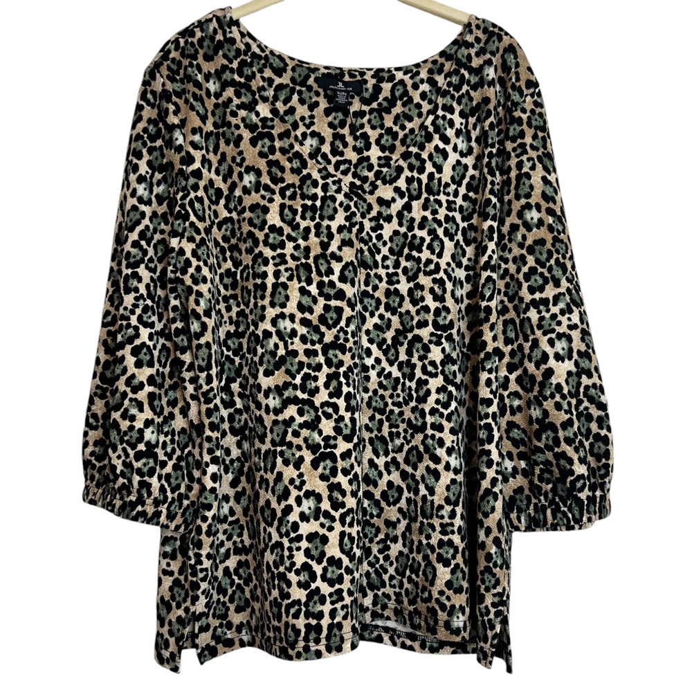 Jules & Leopold Womens Blouse XL Leopard Print V-Neck Pullover Puff Sleeves